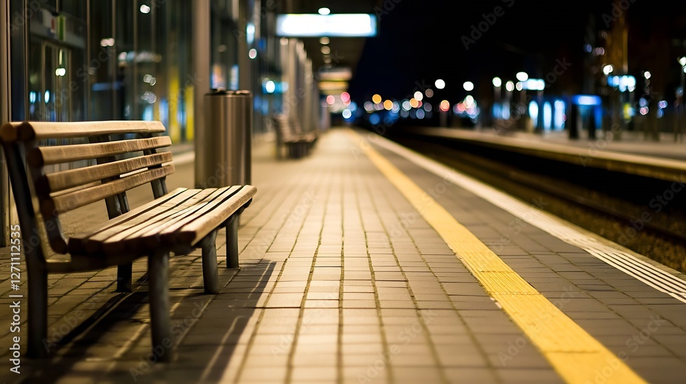 Poster abandoned bench at a train station platform illuminated by soft night lights creating a lonely ambia