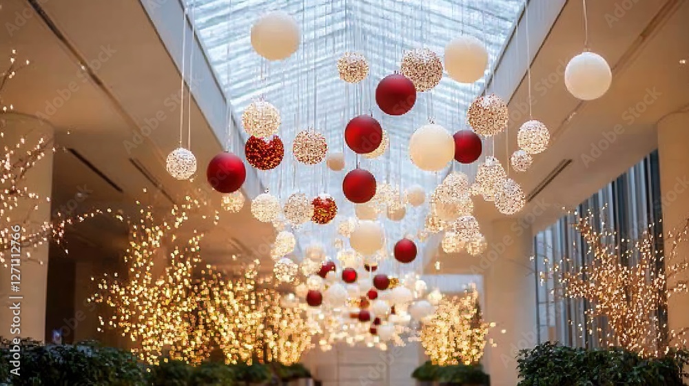 Fototapete festive christmas ornaments and lights hanging in a modern indoor setting creating cheerful vibes : 