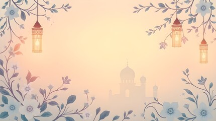 Serene Mosque at Sunrise with Floral Lanterns