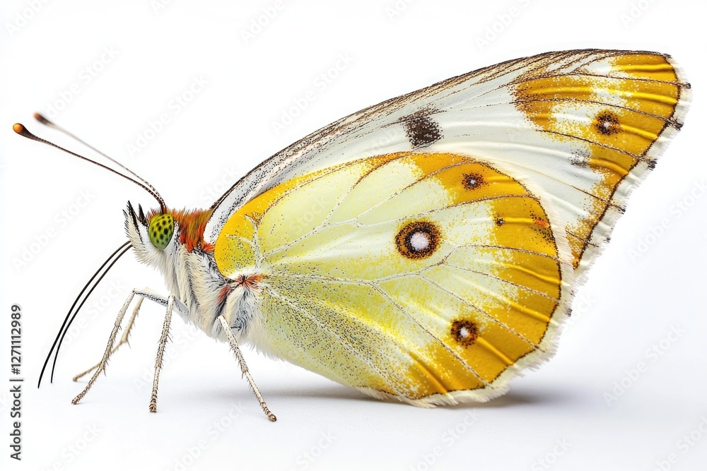 Poster a close-up view of a colorful butterfly perched on a clean white surface