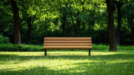 Fototapeta premium park bench sits peacefully in lush green park, surrounded by trees and grass, inviting relaxation and contemplation in serene environment