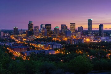 Fototapeta premium Urban landscape with buildings and streets lit up at night from a hilltop vantage point