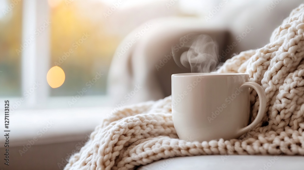 Aufkleber a steaming cup of coffee placed on a cozy blanket with sunlight streaming through a window : generat