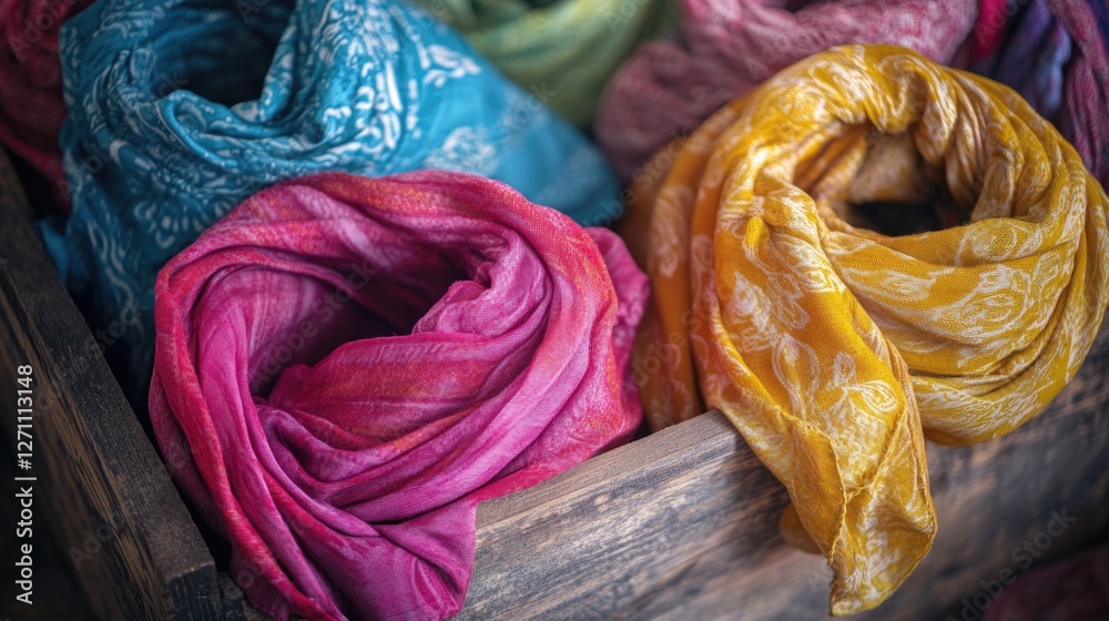 Poster a wooden box filled with variously colored scarves, perfect for storing or displaying textiles
