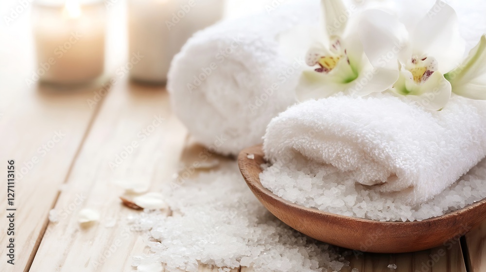 Poster cozy spa setting featuring fluffy white towels salt and candles designed for a tranquil bathing expe