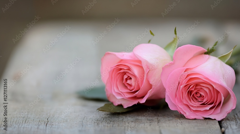 Poster beautiful pink roses elegantly placed on a rustic wooden table creating a romantic atmosphere : gene
