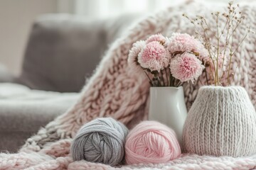Close-Up of Soft Pink and Gray Wool Yarn Balls for Knitting and Crocheting Projects. Perfect for DIY Crafts, Handmade Clothing, and Cozy Home Decor with Natural Woolen Threads.