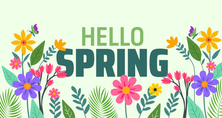hello spring flower background banner or poster design template. observed every year in  March. Holiday concept. Use to any Template, card, poster, placard, template.