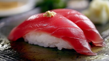 Delicious Tuna Sushi on Plate - Close-up shot of two pieces of fresh tuna sushi, glistening and appetizing, on a dark plate