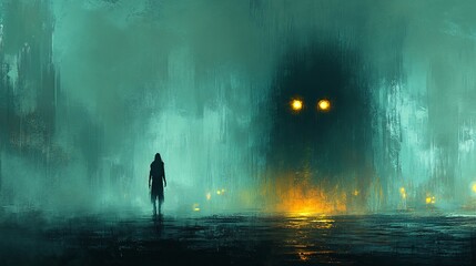 Obraz premium A towering, monstrous entity looms over a mist-filled landscape, its glowing eyes piercing through the darkness in a scene that evokes a sense of fear and mystery