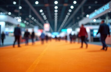 Blurred trade show hall with orange carpet. People walking on defocused background in large exhibition center. Trade fair business marketing exposition. International business negotiation incentive