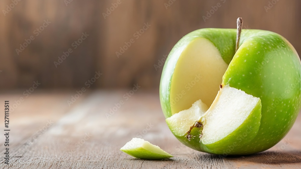 Poster green apple with a bite taken out placed on rustic wooden background for healthy eating concepts : g