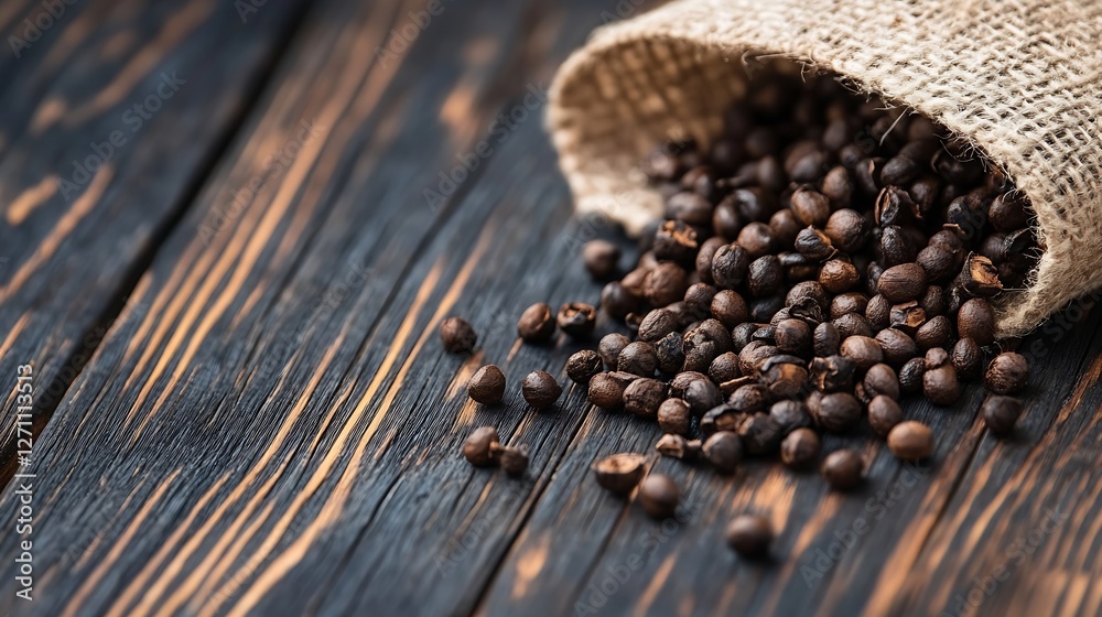 Poster Spilled coffee beans from a burlap sack creating a rustic earthy atmosphere on a wooden surface : Generative AI