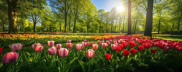 Obraz premium The colorful tulip fields of Keukenhof in the Netherlands