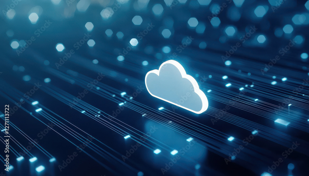 Poster data processing system, digital cloud technology with glowing lines and data streams