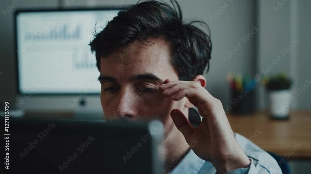 Poster professional experiencing intense workplace stress, gripping forehead while struggling with mental e