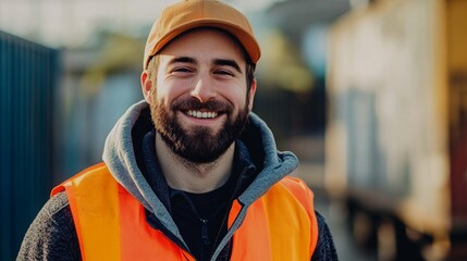 Happy Construction Worker Portrait - Smiling man in orange safety vest and brown cap, outdoors. Positive and hardworking