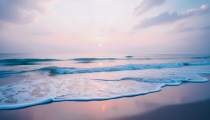 Obraz premium Gentle ocean waves roll onto the shore, bathed in the warm, soft light of sunrise, creating a dreamy seascape.
