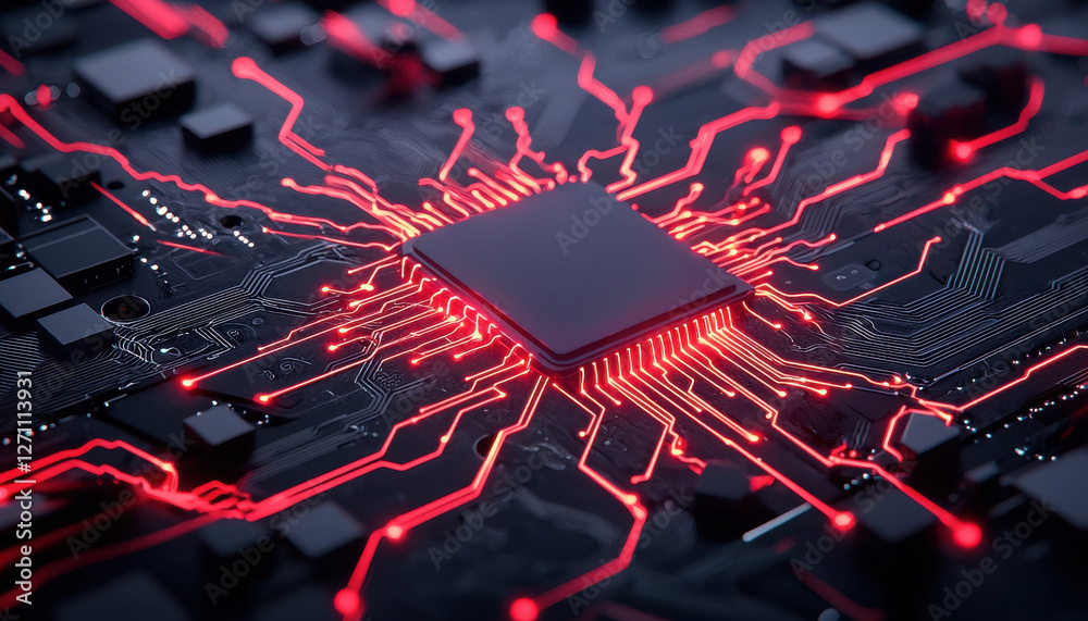 Poster data processing system, high tech circuit board with glowing red connections and central processor