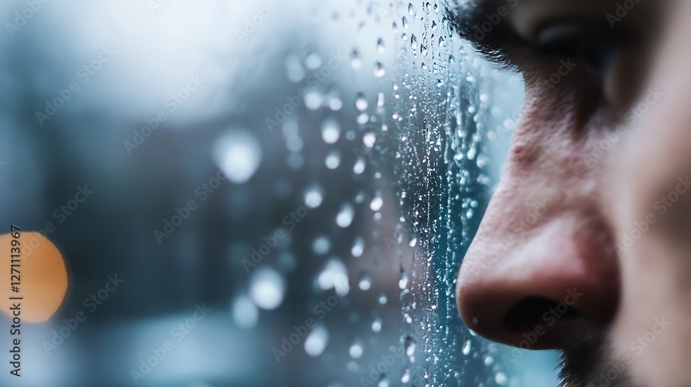 Poster close up of a man's face looking pensively out a rainy window filled with droplets : generative ai