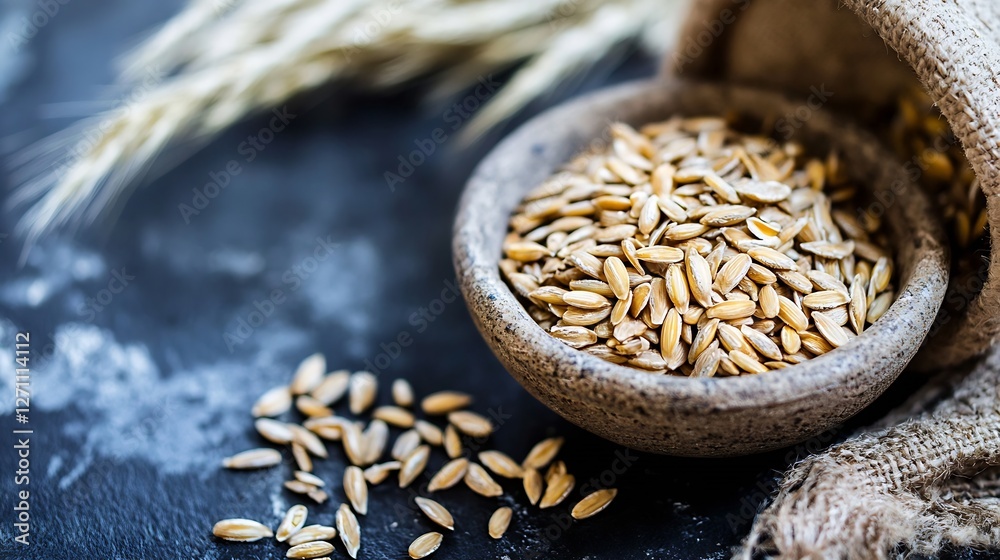 Aufkleber Close up of whole grain oats in a rustic bowl on a dark background with ears of wheat : Generative AI