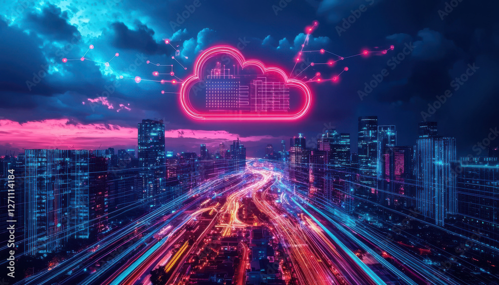 Poster data processing system, futuristic cityscape with cloud computing and data processing visuals