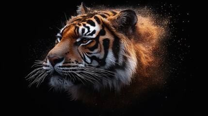 Tiger portrait, exploding fur, dark background, dramatic effect