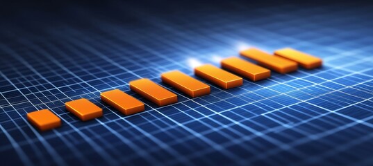 Orange Bar Chart Showing Growth On Dark Blue Grid. Success, Finance, And Business Concepts.