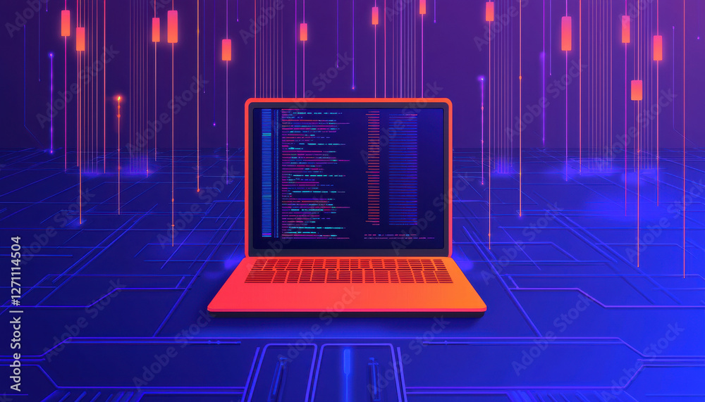 Poster data processing system, vibrant laptop displaying code in digital environment with glowing elements