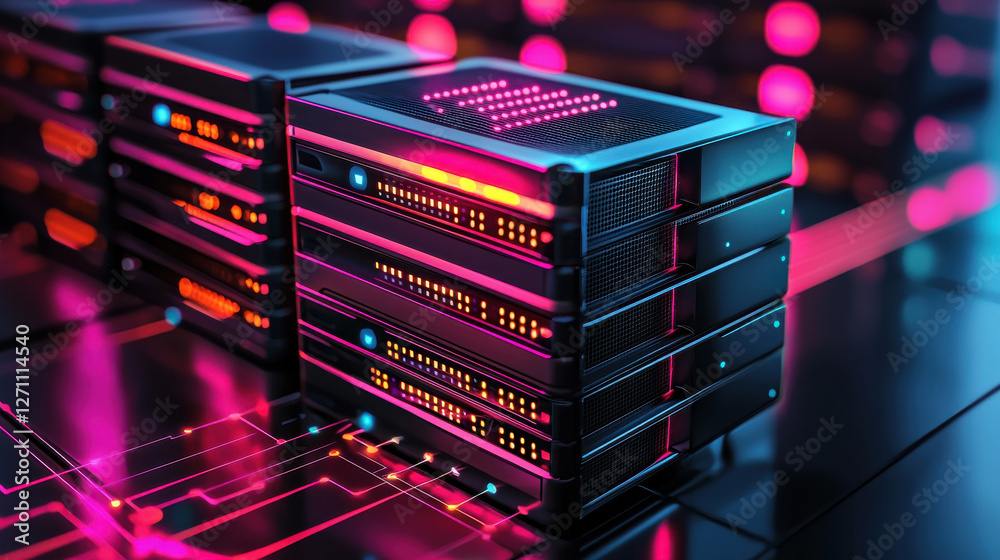 Poster data processing system, futuristic data processing system with glowing servers and circuits