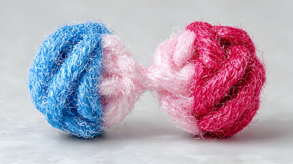 Intertwined yarn balls, pink, blue, red, studio shot, craft material