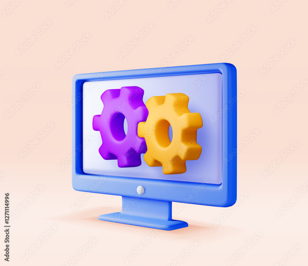 Poster 3d computer with gears on screen isolated. render desktop pc with cogwheel icon. settings, options a
