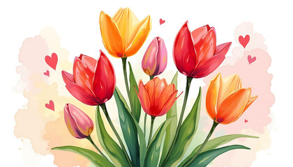 Colorful tulips with hearts in a watercolor background