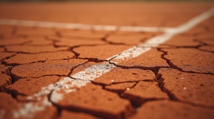Obraz premium A close-up of a cracked clay surface with a white line, likely from a sports court, showcasing the effects of wear and dryness.