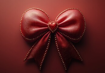 Luxurious Red Leather Bow With Heart and Golden Studs
