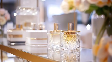 Elegant designer fragrances displayed in luxury glass bottles with beautiful floral arrangements : Generative AI