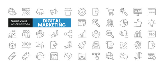 Set of 50 Digital Marketing line icons set. Digital Marketing outline icons with editable stroke collection. Includes SEO, Email Marketing, E-Commerce, Customers, Social Media, and More.