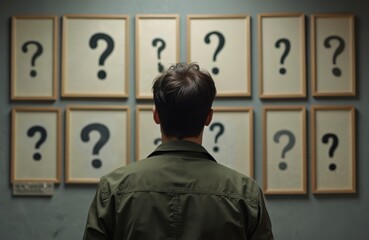 Man looks at wall with many question marks. Person faces difficult choice, seeks solution, reflects on fate, business path. Concept of doubt, confusion, unanswered questions, brainstorm, analysis.