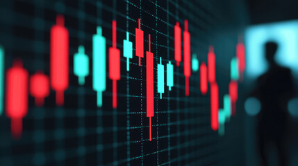 Stock market graph with sharp rises and falls, showcasing candlestick patterns in red and green. background features blurred figure, adding sense of analysis and observation