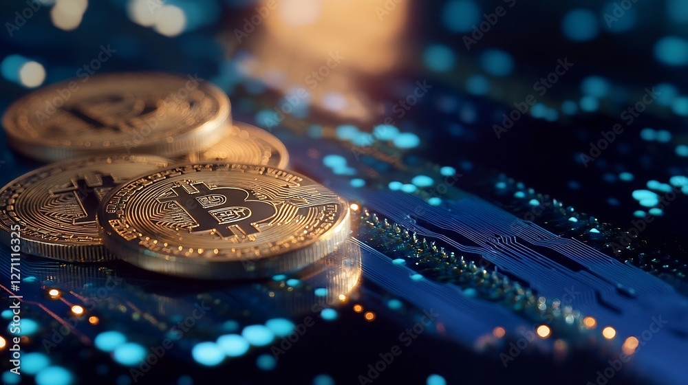 Poster gold bitcoin coins stacked on a glowing digital background representing cryptocurrency investment : 
