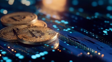 Gold Bitcoin coins stacked on a glowing digital background representing cryptocurrency investment : Generative AI