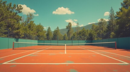 A serene outdoor tennis court surrounded by trees, with a clear blue sky and distant mountains, inviting players to enjoy a game.
