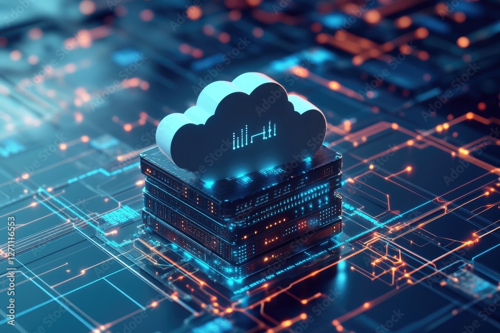 Poster a cloud hovering above a computer circuit, symbolizing cloud computing
