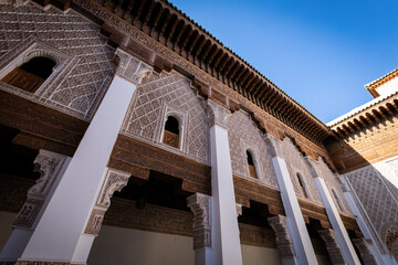 Details of the internal yard of Madrasa Ben Youssef religious school Old town Marakkesh Morocco