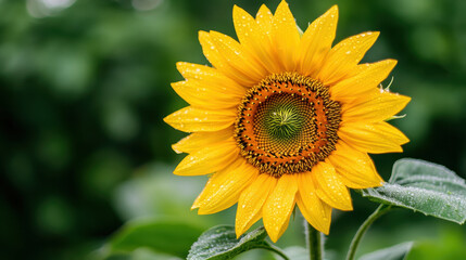 Obraz premium vibrant sunflower with raindrops on its petals, showcasing its bright yellow color and intricate center. lush green background enhances its beauty and freshness