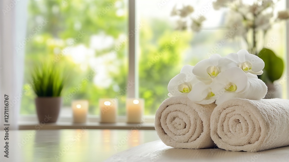 Fototapete serene spa setting with neatly rolled towels and delicate white orchids by a sunny window : generati