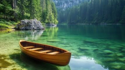 small wooden boat gently floating on a crystal-clear lake.