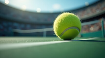 A close-up of a tennis ball on a court, with a stadium in the background, capturing the essence of the sport under bright lighting.