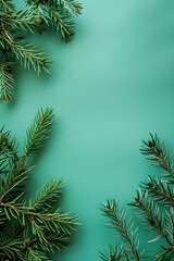 Obraz premium Fresh evergreen branches arranged on a soft teal background, creating a serene holiday atmosphere