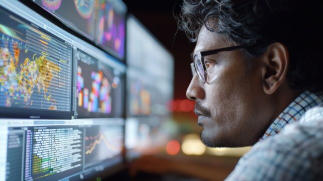 A person is deeply concentrated on analyzing data displayed on multiple monitors in a technologically advanced office. The late night atmosphere highlights the focused work being done.